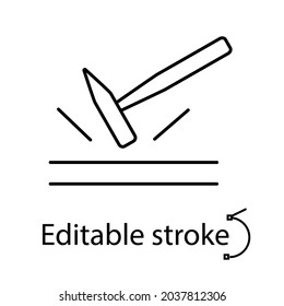 Hammer hits surface. Strong and shockproof, material outline icon. Fabric feature. Textile industry. Customizable linear contour symbol. Editable stroke. Isolated vector stock illustration