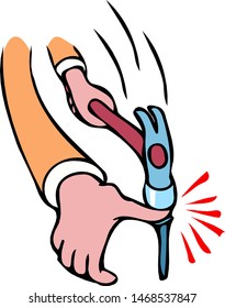 Hammer hits thumb, and the finger hurts.