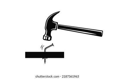Hammer Hitting Bent Nail, Carpenter Hammer With Bent Nail, Repair Fail, Construction Fail Symbol