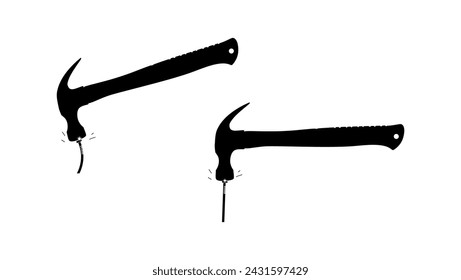 hammer hitting nail, black isolated silhouette