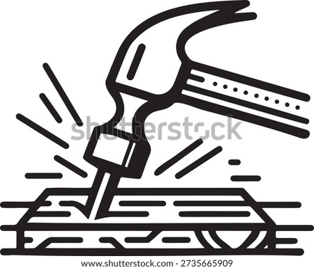 Hammer hitting nail, carpentry tool icon, woodwork construction symbol, carpenter service logo, maintenance equipment sign, hammer hitting nail on wood vector icon for carpentry
