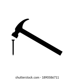 Hammer hitting nail icon. Modern claw hammer with weighted metal head. Vector Illustration svg