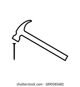 Hammer hitting nail line icon. Modern claw hammer with weighted metal head. Vector Illustration svg