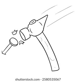 hammer hitting nails illustration hand drawn outline vector