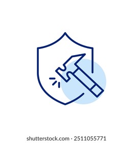 Martillo golpeando con un escudo de seguridad. Protección y reparaciones. Icono de trazo perfecto y editable del píxel
