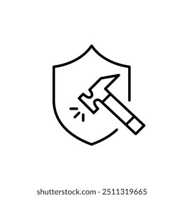 Martillo golpeando con un escudo de seguridad. Protección y reparaciones. Icono de Vector perfecto de píxeles