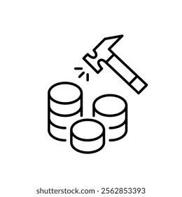 Hammer hitting over stacks of coins. Building wealth, financial instruments for investment and income. Pixel perfect vector icon