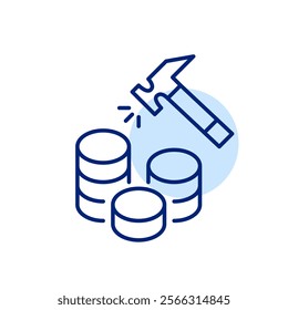 Hammer hitting over stacks of coins. Building wealth, financial instruments for investment and income. Pixel perfect, editable stroke icon