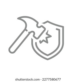 Hammer hitting shield line vector icon. Security, protection and guard concept outline symbol.