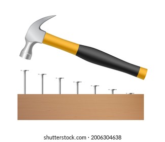 Hammer hitting steel nails on wooden board isolated on white background. Carpenter industry element and renovation symbol concept. Realistic vector illustration