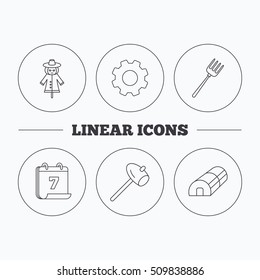 Hammer, hothouse and scarecrow icons. Pitchfork linear sign. Flat cogwheel and calendar symbols. Linear icons in circle buttons. Vector