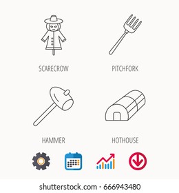 Hammer, hothouse and scarecrow icons. Pitchfork linear sign. Calendar, Graph chart and Cogwheel signs. Download colored web icon. Vector