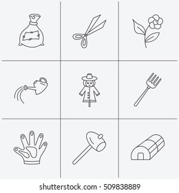 Hammer, hothouse and watering can icons. Bag of fertilizer, scissors and flower linear signs. Hammer, scarecrow and pitchfork flat line icons. Linear icons on white background. Vector