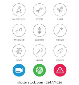 Hammer, hothouse and watering can icons. Bag of fertilizer, scissors and flower linear signs. Hammer, scarecrow and pitchfork flat line icons. Video cam, hazard attention and internet globe icons