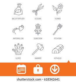 Hammer, hothouse and watering can icons. Bag of fertilizer, scissors and flower linear signs. Hammer, scarecrow and pitchfork flat line icons. Download arrow, locker and calendar web icons. Vector