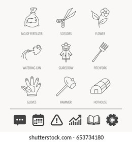 Hammer, hothouse and watering can icons. Bag of fertilizer, scissors and flower linear signs. Hammer, scarecrow and pitchfork flat line icons. Education book, Graph chart and Chat signs. Vector