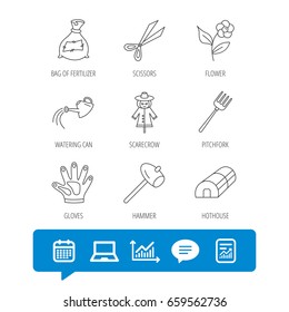 Hammer, hothouse and watering can icons. Bag of fertilizer, scissors and flower linear signs. Hammer, scarecrow and pitchfork flat line icons. Report file, Graph chart and Chat speech bubble signs