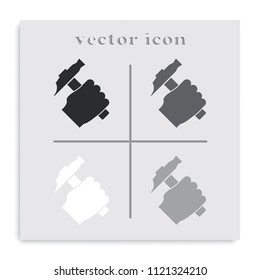 Hammer in the human hand flat black and white vector icon.