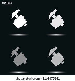Hammer in the human hand flat grayscale vector icon.