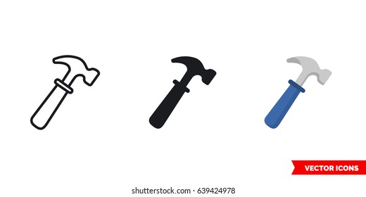 Hammer icon of 3 types: color, black and white, outline. Isolated vector sign symbol.