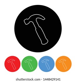 Hammer icon black circle design element with an outline style vector construction hammer illustration with four color variations isolated on a white background