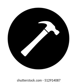 Hammer icon. Black icon isolated on white background. Round icon. Hammer silhouette. Simple circle icon. Web site page and mobile app design vector element.