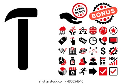 Hammer icon with bonus design elements. Vector illustration style is flat iconic bicolor symbols, intensive red and black colors, white background.