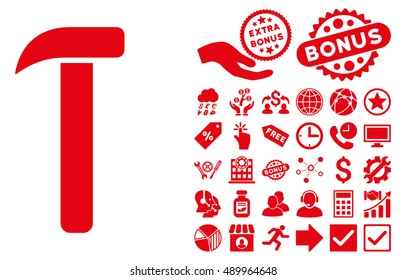 Hammer icon with bonus images. Vector illustration style is flat iconic symbols, red color, white background.