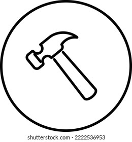 Hammer icon, building construction tool, outline in circle, black and white drawing button.