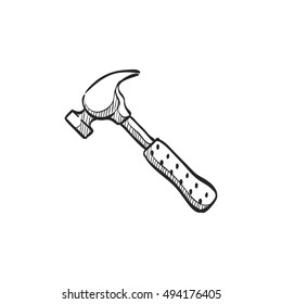 Hammer icon in doodle sketch lines. Construction tool work carpenter nail wood