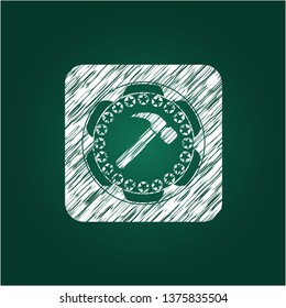hammer icon drawn chalk emblem, retro style, chalk or chalkboard texture