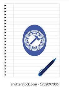 hammer icon emblem with pen effect. Blue ink. Vector Illustration. Detailed. 