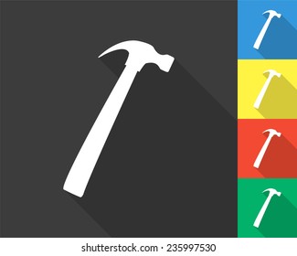 hammer icon - gray and colored (blue, yellow, red, green) vector illustration with long shadow