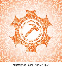 hammer icon inside abstract emblem, orange mosaic background