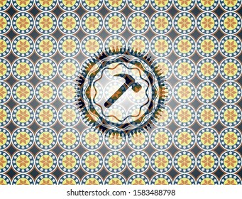 hammer icon inside arabesque badge background. arabic decoration.