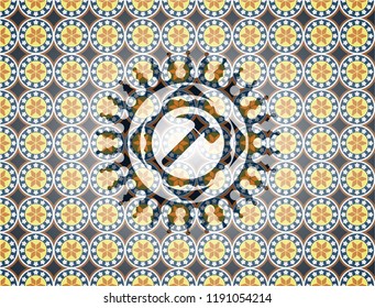 hammer icon inside arabic badge background. Arabesque decoration.