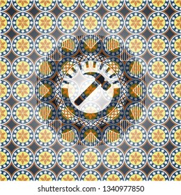 hammer icon inside arabic emblem. Arabesque decoration.