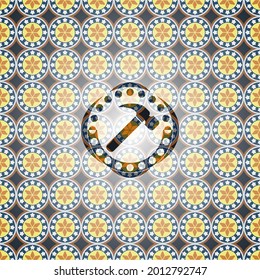 hammer icon inside arabic emblem background. Arabesque decoration. 
