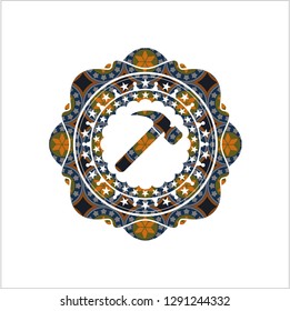 hammer icon inside arabic style badge. Arabesque decoration.