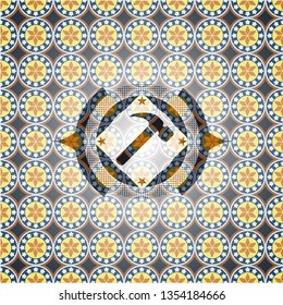 hammer icon inside arabic style emblem. Arabesque decoration.