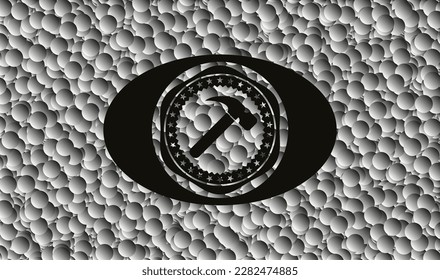 Hammersymbol in schwarzem Emblem mit Blasenhintergrund. Vektorgrafik. Detaillierte Angaben. 