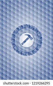 hammer icon inside blue emblem with geometric pattern background.