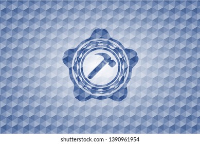hammer icon inside blue emblem with geometric pattern background.