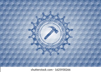 hammer icon inside blue emblem with geometric background.
