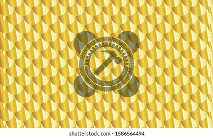 hammer icon inside gold emblem. Scales pattern. Vector Illustration. Detailed.