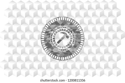 hammer icon inside grey emblem with geometric cube white background
