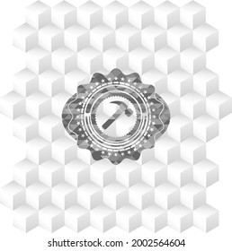 hammer icon inside grey icon or emblem with geometric cube white background. 