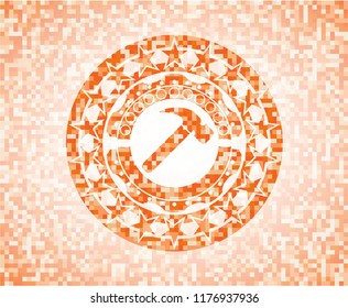 hammer icon inside orange tile background illustration. Square geometric mosaic seamless pattern with emblem inside.