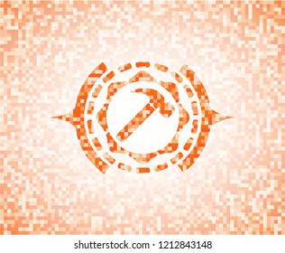 hammer icon inside orange tile background illustration. Square geometric mosaic seamless pattern with emblem inside.