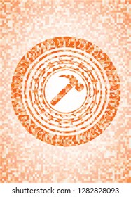 hammer icon inside orange tile background illustration. Square geometric mosaic seamless pattern with emblem inside.